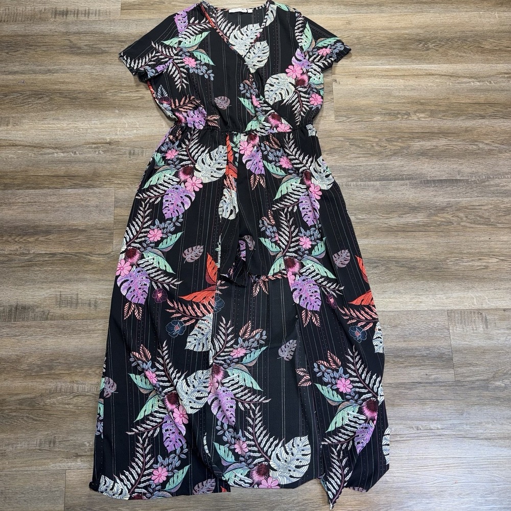 Notations Black Tropical Floral-Print Maxi Romper Womens Large V-Neckline